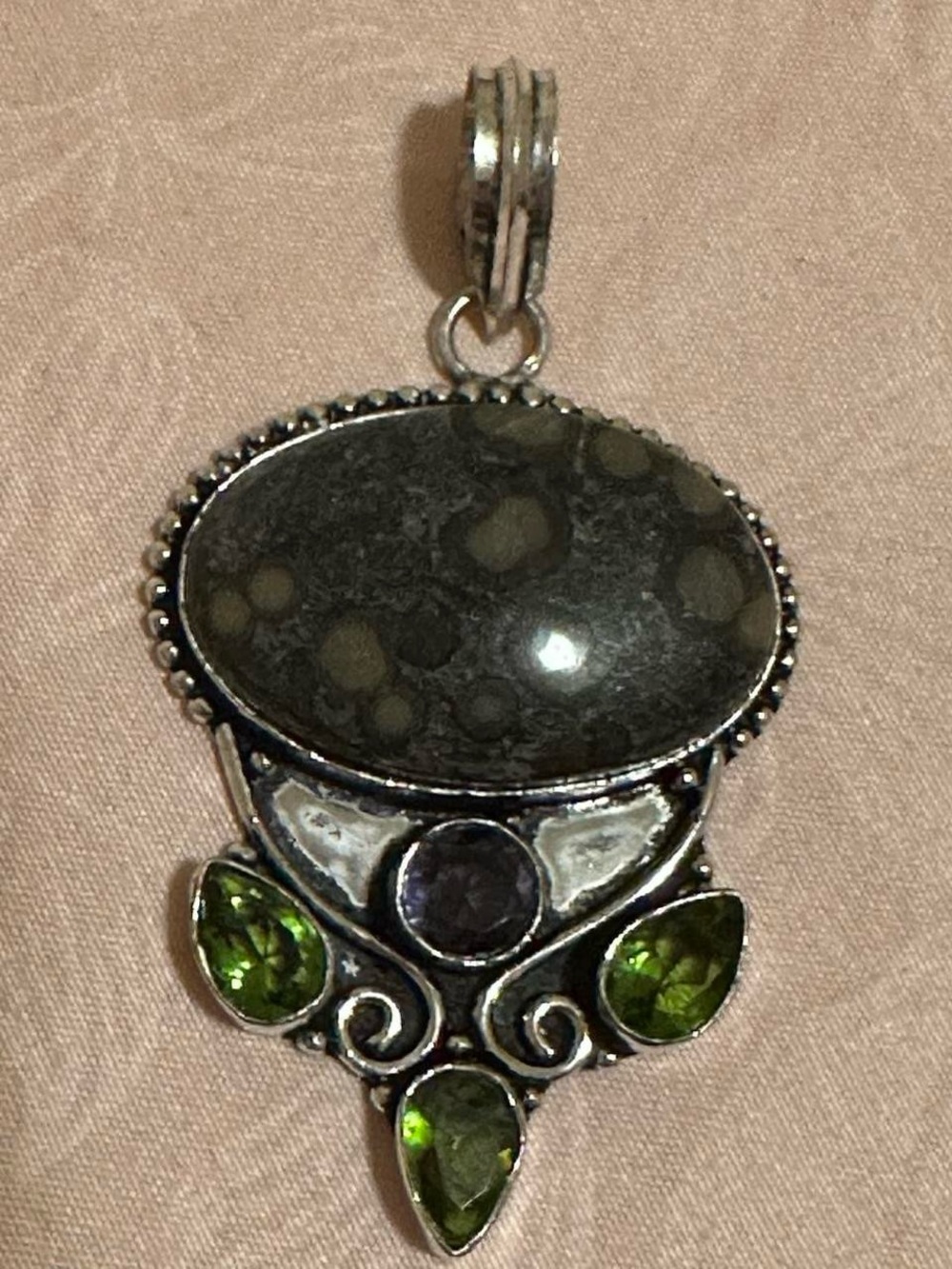 Ocean Jasper Peridot Crystal & 925 sterling silver Pendant 2.4".